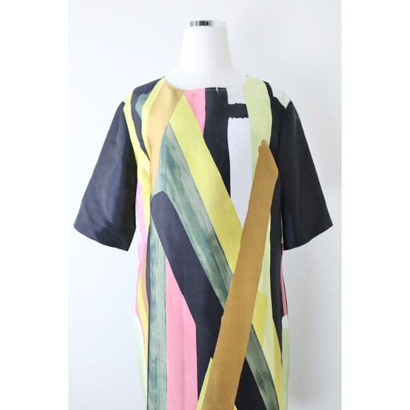 St John Size 10 Abstract Print Sheath Dress Silk Wool Colorblock Short Sleeve - Picture 2 of 13